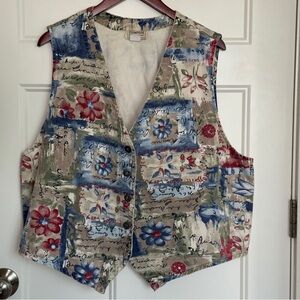 Vintage Stampede Denim Vest – 90s/Y2K Floral Patchwork Graphic Button Front